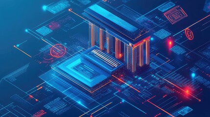 Poster - Futuristic Digital Architecture with Neon Lights and Data Elements