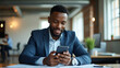 © HaJung - Busy Young African Businessman Using Smartphone Apps in Office: A Modern Work Concept Illustration