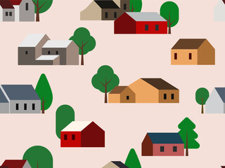 Wall Mural - seamless pattern of colorful houses in a village with trees