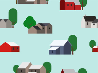 Wall Mural - seamless pattern of colorful houses in a village with trees