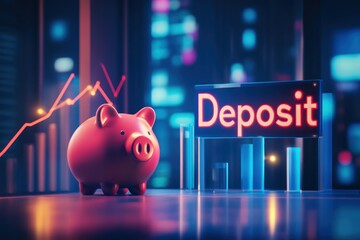 Wall Mural - A conceptual banking image showing a piggy bank next to a glowing 
