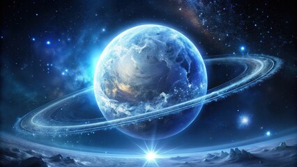 Wall Mural - a celestial body with a luminous ring system orbiting in a starry expanse
