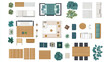 © suldev - Kit for a workspace  apartment  house  or office plan. Interior icon collection. Plant  table  chair  and sofa. Symbol for the project or interior design