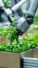 Poster - Automated robotic arms packaging freshly harvested vegetables in a factory, automation, smart farming food distribution