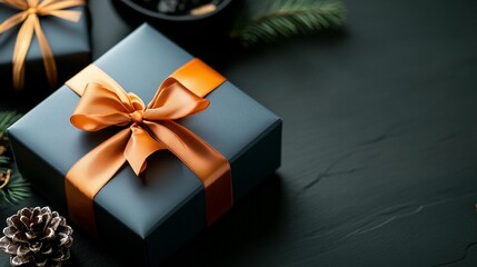 dark gray gift box with orange ribbon, pine cones, and evergreen branches on dark background.