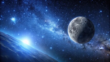 Wall Mural - a starry night sky with a silhouette of an asteroid against the moon, dark, astronomy, dark, astrono