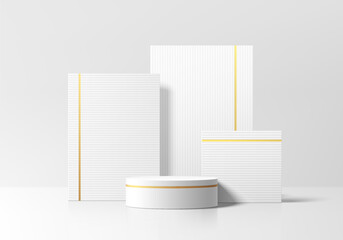 Sticker - realistic 3d white cylindrical podium background with layers square frames backdrop. wall minimalist