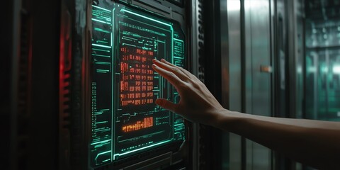 Hand interacting with a futuristic, glowing digital interface. Sci-fi technology concept. Data visualization on a high-tech screen.
