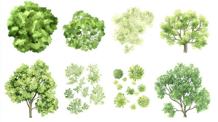 set of watercolor green tree isolated on white background for landscape and architecture drawing, el