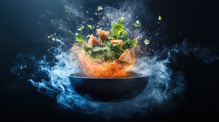 Poster - Dynamic salad explosion modern kitchen food photography dark background close-up artistic plating presentation