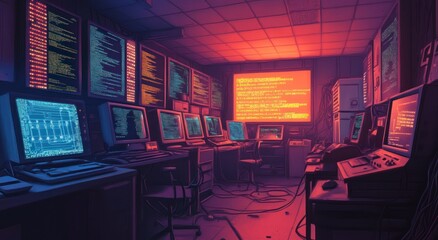 A dimly lit computer room displays a network of monitors and code