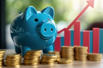 Wall Mural - a high-resolution image of a blue piggy bank sitting on a table with stacks of golden coins and a re