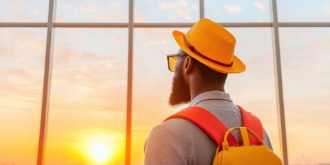 Poster - Urban Explorer Sunrise Minimalist Traveler in Bold Ochre Hat Captures Millennial Wanderlust, Digital Nomad Lifestyle and Authentic Global Mobility Experience