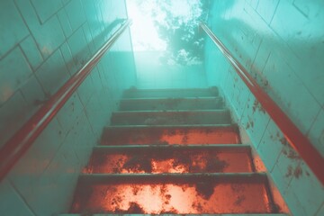 Poster - Liminal Transition Aesthetic Urban Decay Stairwell in Dystopian Teal and Burnt Orange - Atmospheric Narrative Design for Conceptual Content Creators