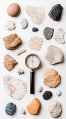 Poster - Geological Mindfulness Exploration Minimalist Rock Collection with Vintage Clock - Tactile Wellness Design for Scientifically Inspired Creative Professionals