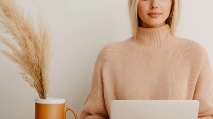 Aufkleber - Serene Minimalist Remote Work Aesthetic Warm Neutrals, Soft Texture and Contemporary Workspace Design for Digital Professionals Embracing Calm Productivity