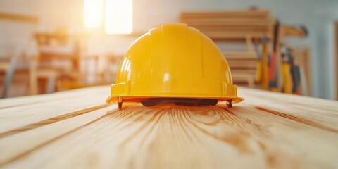 Poster - Minimalist Industrial Safety Vibrant Yellow Hardhat on Rustic Woodgrain - Next-Gen Workplace Protection, Sustainable Construction Branding and Modern Professional Preparedness