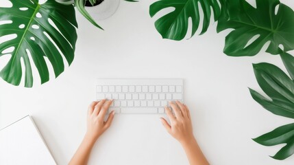 Poster - Biophilic Workspace Design Minimalist Digital Productivity with Monstera Leaves - Wellness-Driven Remote Work Aesthetic for Modern Professionals