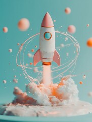 Fototapete - Pastel Rocket Launch Minimalist Visualization of Economic Acceleration, Innovative Startup Disruption and Breakthrough Digital Transformation Concept