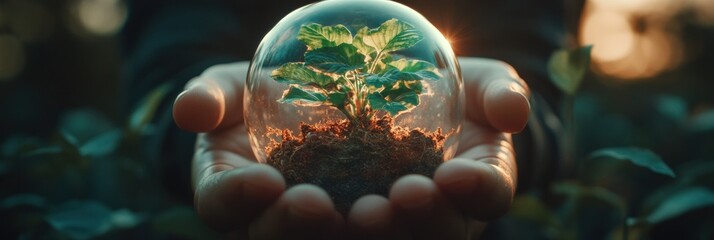 Poster - Sustainable Innovation Visualization Eco-Tech Crystal Sphere Revealing Living Plant Ecosystem - Climate Resilience and Digital Transformation Metaphor for Green Future