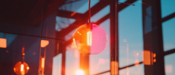 Leinwandbilder - Neon Illumination Meets Industrial Minimalism Vibrant Suspended LED Lighting Transforming Urban Workspace Aesthetics with Atmospheric Technological Elegance