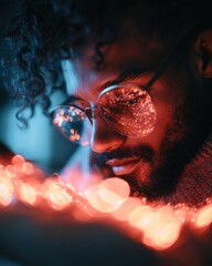 Aufkleber - Immersive Digital Dreamscape Cinematic Cyberpunk Portrait of Millennial Tech Professional in Neon-Infused Atmospheric Workplace Lighting