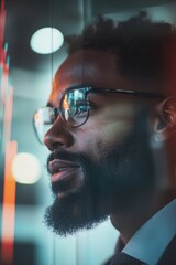 Aufkleber - Immersive Tech Vision Urban Professional Contemplating Future with Reflective Smart Eyewear - Innovative Digital Workforce Narrative of Gen Z Leadership and Strategic Insight