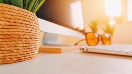 Aufkleber - Warm Minimalist Home Office Sunlit Workspace with Textural Woven Planter, Ergonomic Tech and Wellness-Focused Design for Remote Productivity