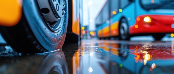 Aufkleber - Urban Mobility Revolution Electric Bus Fleet Charging Infrastructure Showcasing Smart City Transportation Innovation with Sustainable Wet Surface Technology
