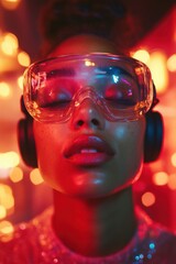 Poster - Immersive Americas Day Tech Celebration Gen Z Cyberpunk Wellness Experience with Augmented Reality Headset - Futuristic Digital Lifestyle Inspiration