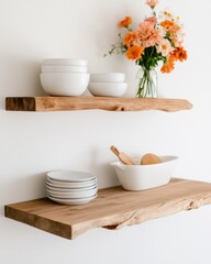 Leinwandbilder - Rustic Minimalist Kitchen Styling Organic Wood Floating Shelves with Ceramic Bowls and Vibrant Floral Accent - Modern Home Decor Inspiration and Warm Textural Design