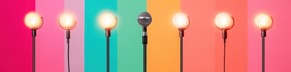 Leinwandbilder - Vibrant Retro Soundwave Minimalist Microphone Array in Gradient Pop Art Style - Creative Performance and Digital Content Branding Concept