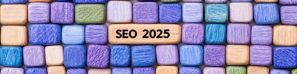 Aufkleber - Futuristic SEO Strategy Visualization Wooden Blocks Spelling Digital Marketing Trends 2025 - Innovative Content Discovery and Search Optimization Landscape