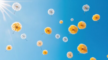 Poster - Ethereal Nature Mindscape Sunlit Dandelion Seeds Floating in Zen Blue Sky - Minimalist Wellness Inspiration for Digital Meditation and Tranquility Branding