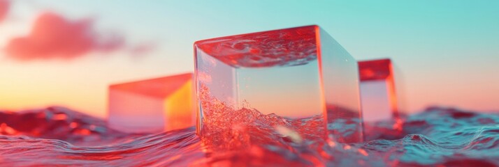 Aufkleber - Liquid Glass Horizons Transparent Geometric Cubes in Fluid Gradient Landscape - Immersive Digital Art Exploring Material Transformation and Sensory Perception