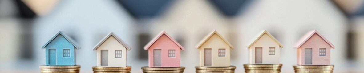 Aufkleber - Passive Income Visualization Minimalist Real Estate Investment Models on Stacked Coins - Modern Wealth Building Strategy for Diverse Property Portfolio Optimization