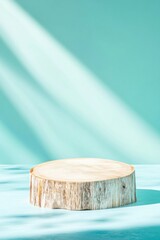 Poster - Minimalist Sustainable Design Natural Wood Slice Podium in Serene Teal Gradient - Eco-Friendly Product Showcase for Modern Branding Strategies