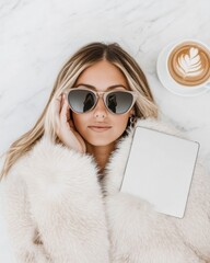 Aufkleber - Urban Minimalist Workspace Chic Digital Nomad in Faux Fur and Aviators Redefining Flexible Professional Aesthetics for Modern Millennial Entrepreneurs