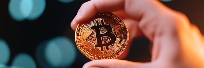 Aufkleber - Futuristic Cryptocurrency Touchpoint Immersive Digital Finance Experience with Metallic Bitcoin Coin - Next-Gen Blockchain Interaction for Tech-Savvy Investors
