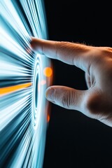 Poster - Cutting-Edge Digital Interface Immersive Human-Tech Interaction Showcasing Futuristic Touch Engagement with Dynamic Holographic Visualization