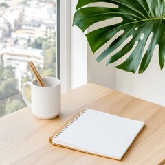 Leinwandbilder - Biophilic Workspace Serenity Minimalist Wooden Desk with Monstera Leaf, Ergonomic Design for Modern Productivity and Wellness-Focused Home Office Inspiration