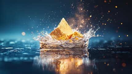 Poster - Dynamic splash of gold ice cube abstract art food photography studio environment close-up view artistic plating presentation
