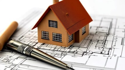 Poster - Miniature House Model on Architectural Plans With a Drafting Pen Generative AI