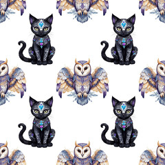 Naklejka na meble Decorative pattern featuring black cats and owls in a whimsical design suitable for fabric or wallpaper