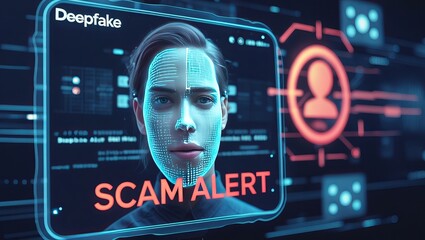 Digital security graphic featuring a female face with facial recognition technology and a prominent scam alert message.