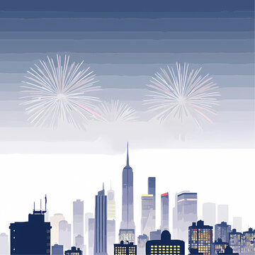 Imagine fireworks seen from a high rooftop in the city.
