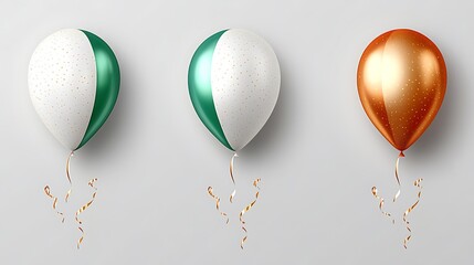 Poster - Three colorful balloons with gold ribbons are against a gray background