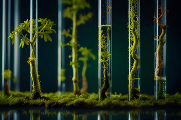 a scientific abstract concept featuring laboratory test tubes, biology, and genetically modified pla