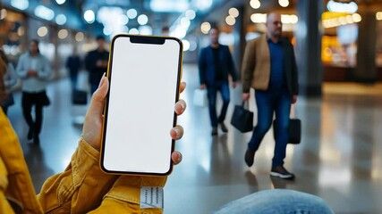 Poster - Female Hand Holds Blank Screen Phone in Busy Indoor Space Generative AI