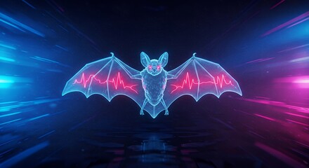 Poster - Futuristic neon bat flying with glowing red heartbeat on wings in cyberspace